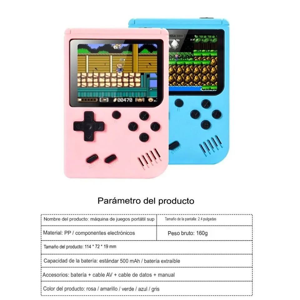 Mini consola portátil retro videojuegos 8 bits color LCD 3" 500 juegos verde recargable usb HD.