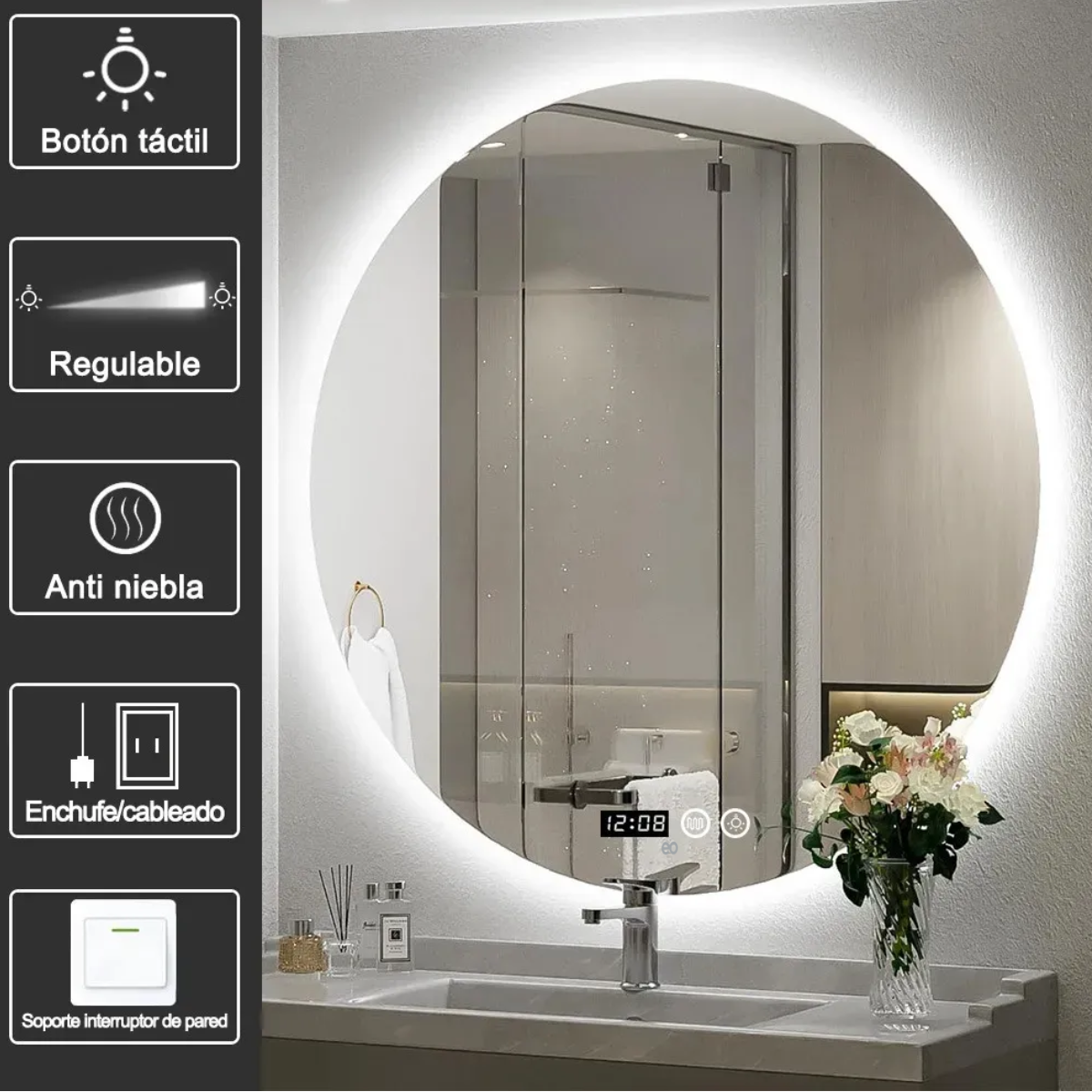 Espejo Led Baño Touch 3 Modo Con Función Antivaho 40*40cm Redondo