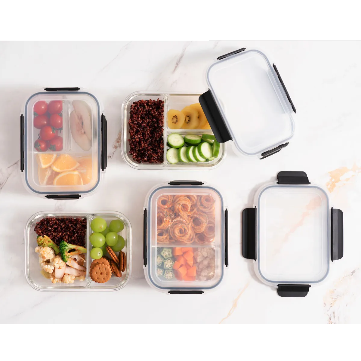 Juego de 4 Contenedores Recipientes Grandes De Vidrio Para Comida Color Negro