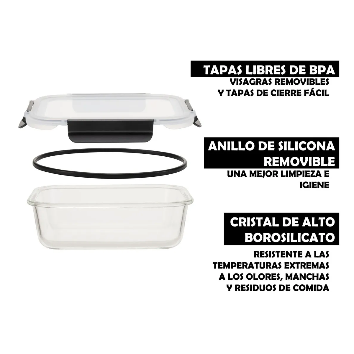 Juego de 4 Contenedores Recipientes Grandes De Vidrio Para Comida Color Negro