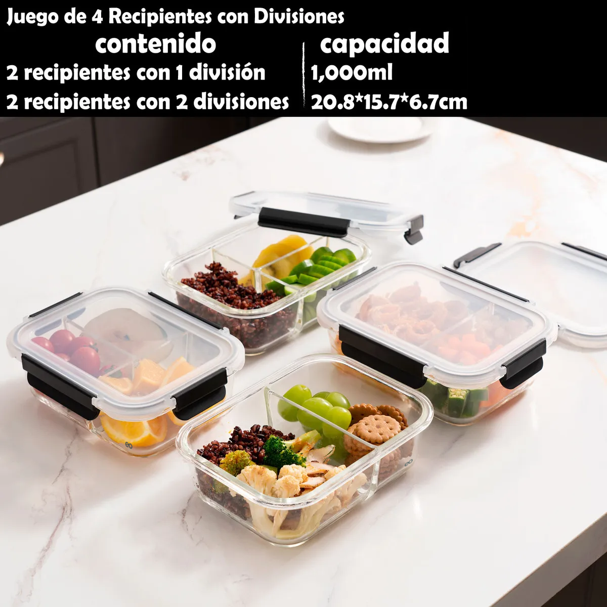 Juego de 4 Contenedores Recipientes Grandes De Vidrio Para Comida Color Negro