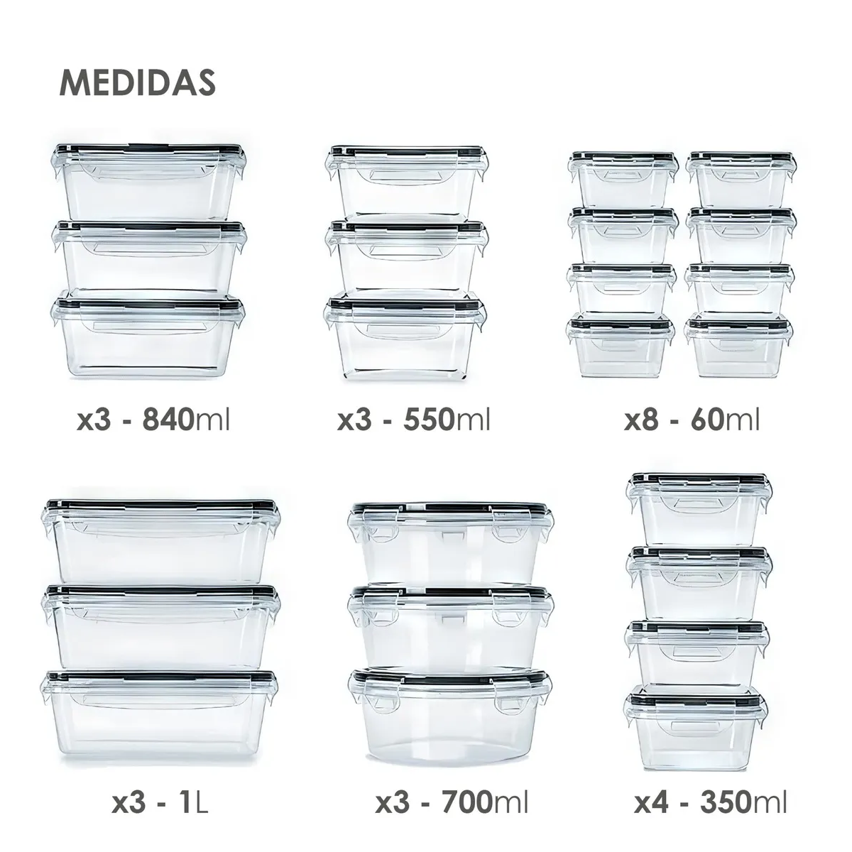 Set 24 Recipientes Herméticos Plástico Almacenamiento Cocina Color Blanco