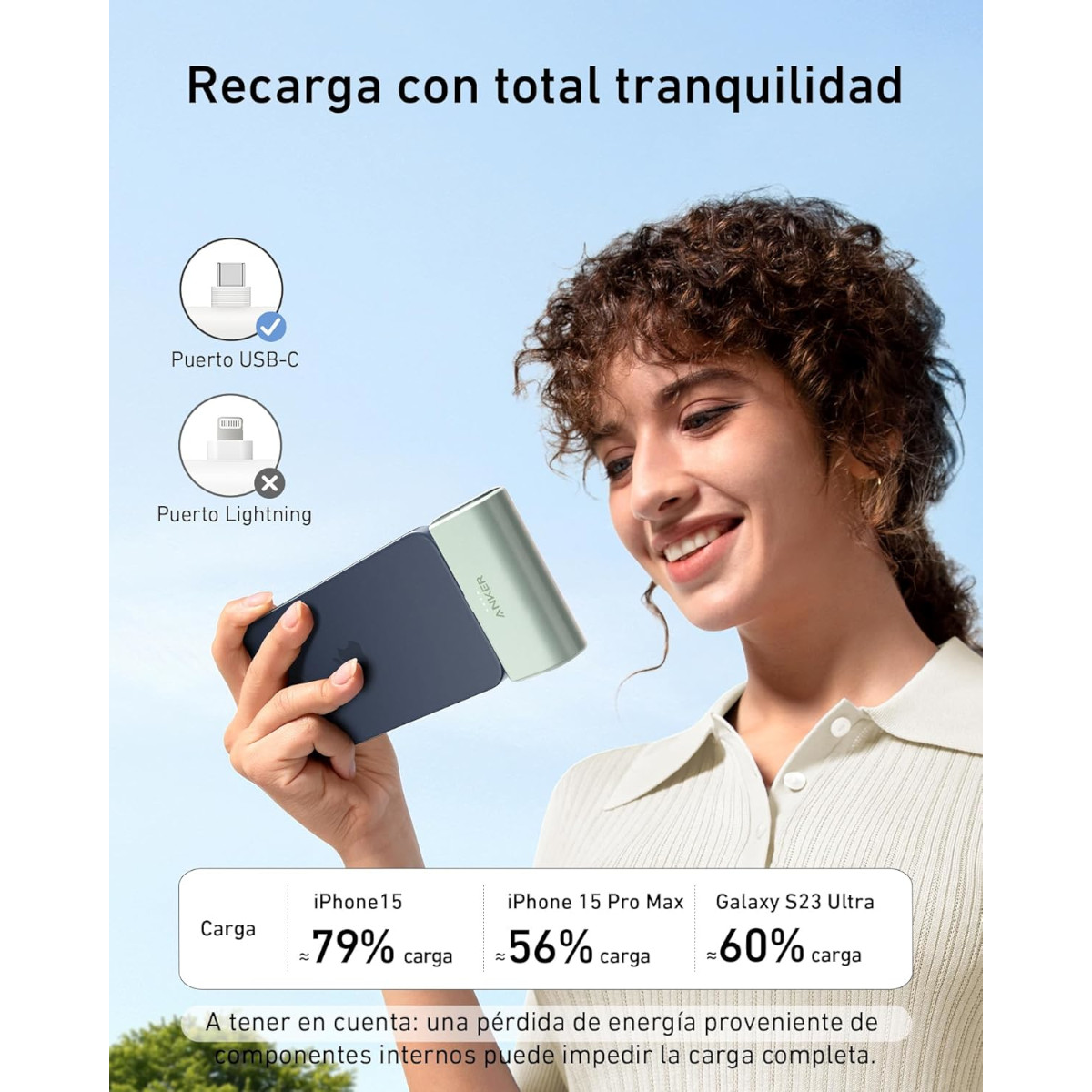 Power Bank Nano USB-C Plegable Anker 5000 mAh 22.5W Verde