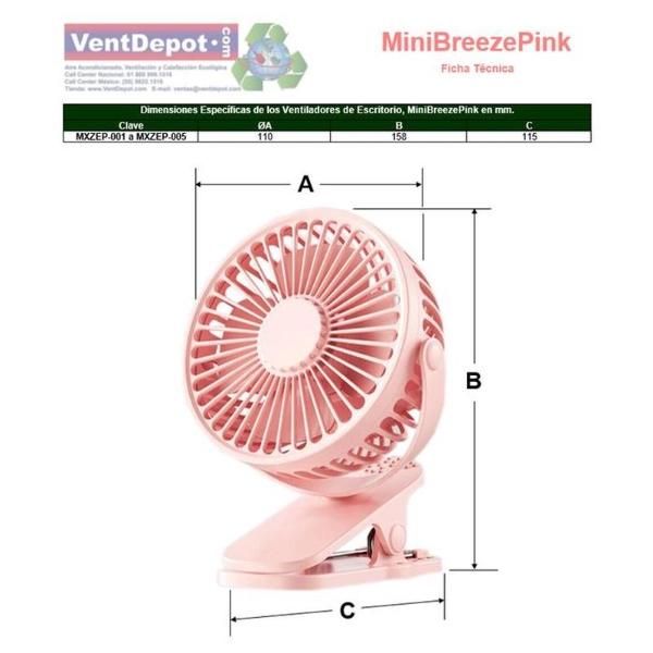 Mini Ventilador con Clip MXZEP-001-1 1Pza 4" Diámetro Rosa USB 5V 3 Velocidades Ventiladores de Escritorio, MiniBreezePink
