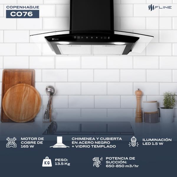 Campana de cocina 76 cm  DE PARED Cristal curvo y color Negro Matte   Controles Touch  3  velocidades  Copenhague 76