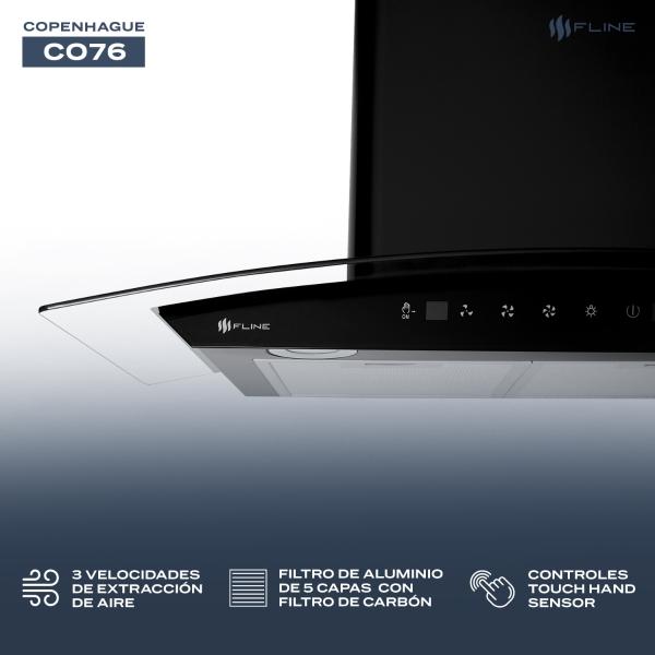 Campana de cocina 76 cm  DE PARED Cristal curvo y color Negro Matte   Controles Touch  3  velocidades  Copenhague 76