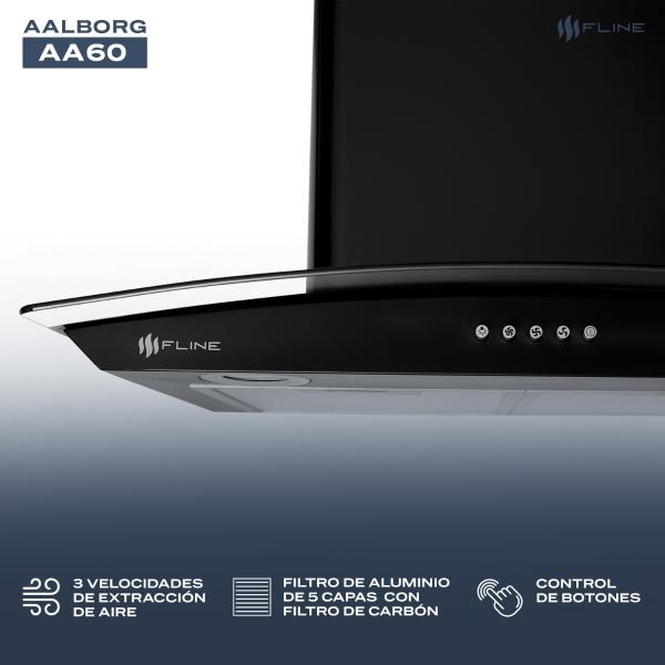 Campana de cocina 60 cm Negro Matte DE PARED Cristal Curvo Controles de boton Extractora  3 velocidades  Aalborg 60