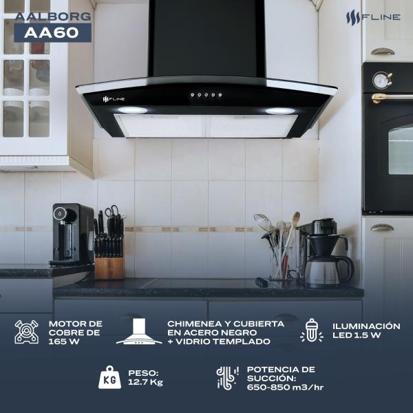 Campana de cocina 60 cm Negro Matte DE PARED Cristal Curvo Controles de boton Extractora  3 velocidades  Aalborg 60