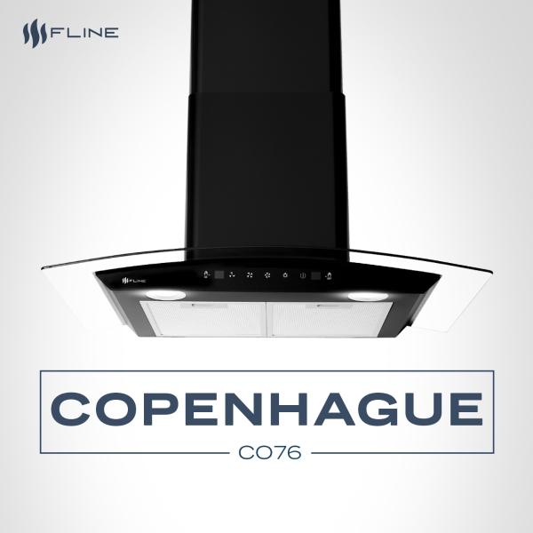 Campana de cocina 76 cm  DE PARED Cristal curvo y color Negro Matte   Controles Touch  3  velocidades  Copenhague 76