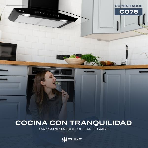 Campana de cocina 76 cm  DE PARED Cristal curvo y color Negro Matte   Controles Touch  3  velocidades  Copenhague 76