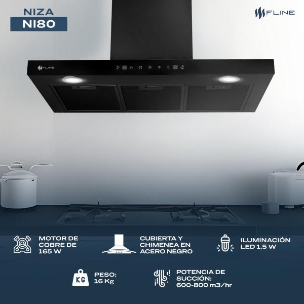 FLINE  Campana de cocina 80 cm  Tipo T Negro Matte DE PARED  Controles Touch  y sensorextractora   3 velocidades  Niza 80