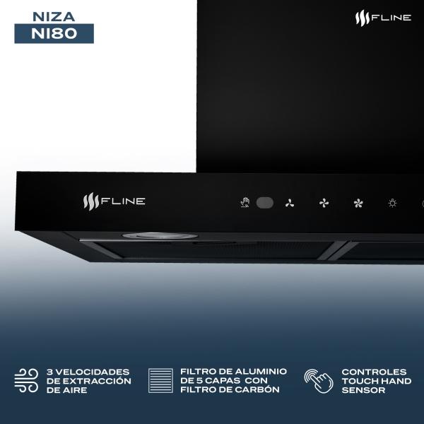 FLINE  Campana de cocina 80 cm  Tipo T Negro Matte DE PARED  Controles Touch  y sensorextractora   3 velocidades  Niza 80