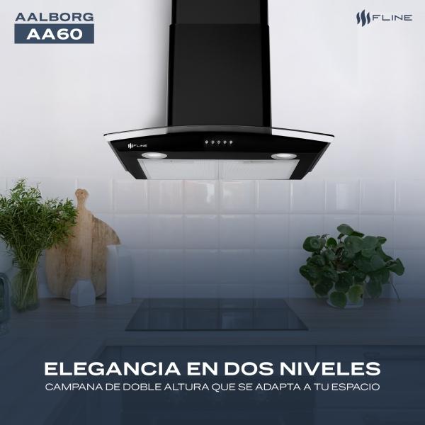 Campana de cocina 60 cm Negro Matte DE PARED Cristal Curvo Controles de boton Extractora  3 velocidades  Aalborg 60