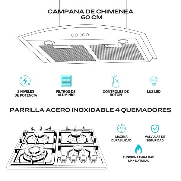 FLINE  Combo parrilla de gas y  campana extractora 60 cm  Pared Botones  Acero Inox MA4BE60