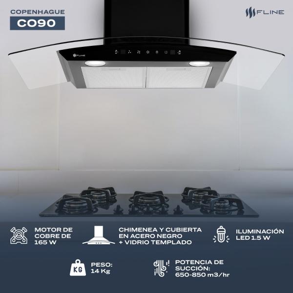 Campana de cocina 90 cm  DE PARED Cristal curvo y color Negro Matte   Controles Touch  3  velocidades  Copenhague 90