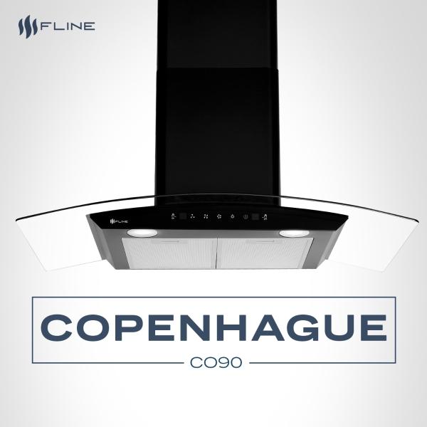 Campana de cocina 90 cm  DE PARED Cristal curvo y color Negro Matte   Controles Touch  3  velocidades  Copenhague 90