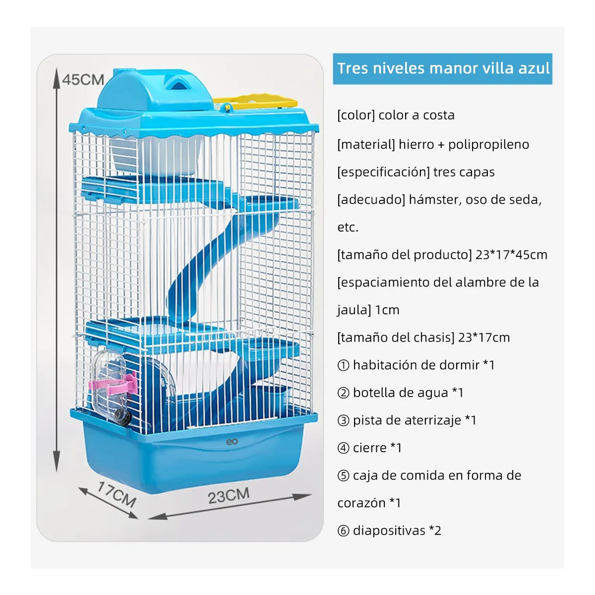 Jaula De Hámster De 4 Pisos Con Tobogán Y Hervidor De Agua Celeste