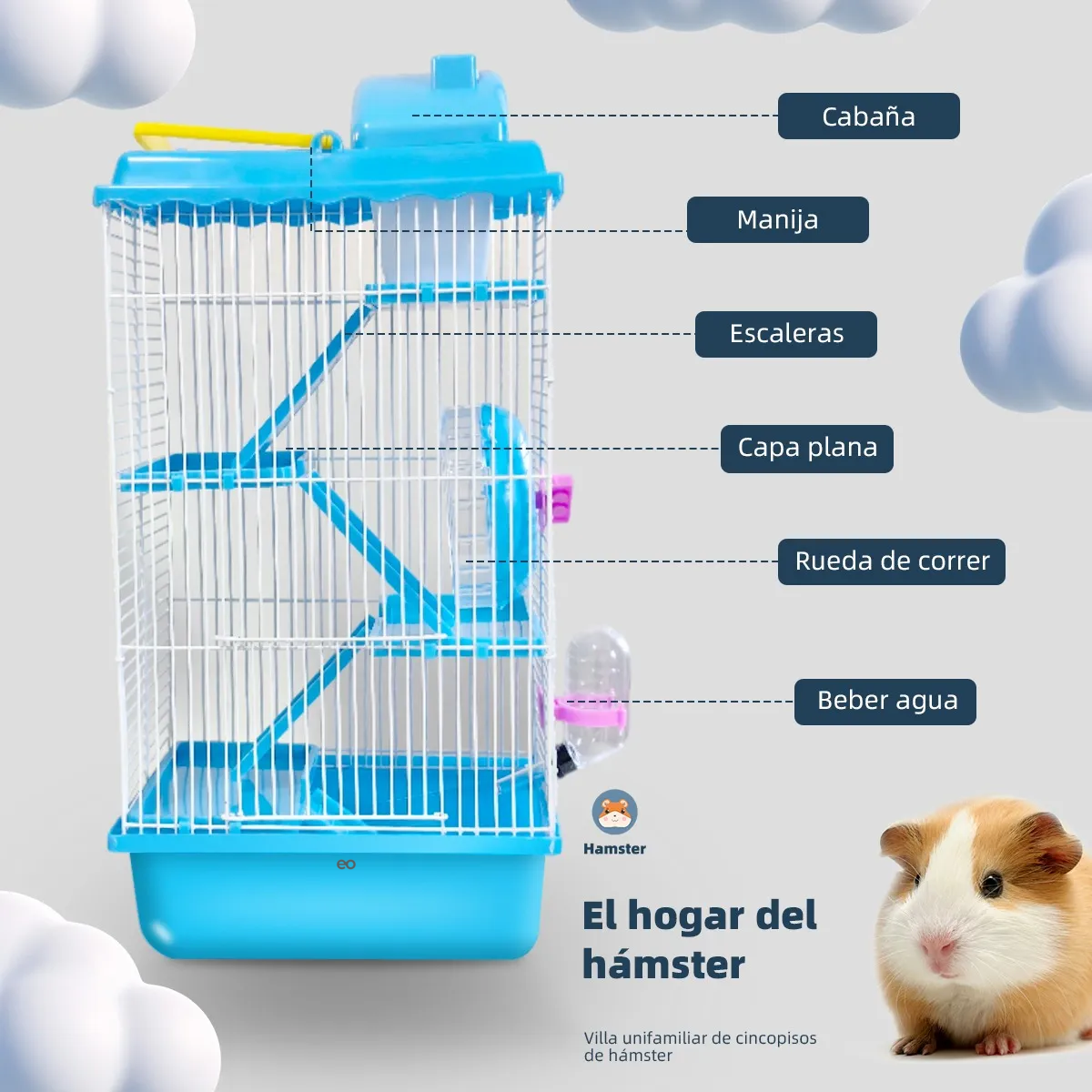 Jaula De Hámster De 4 Pisos Con Tobogán Y Hervidor De Agua Celeste