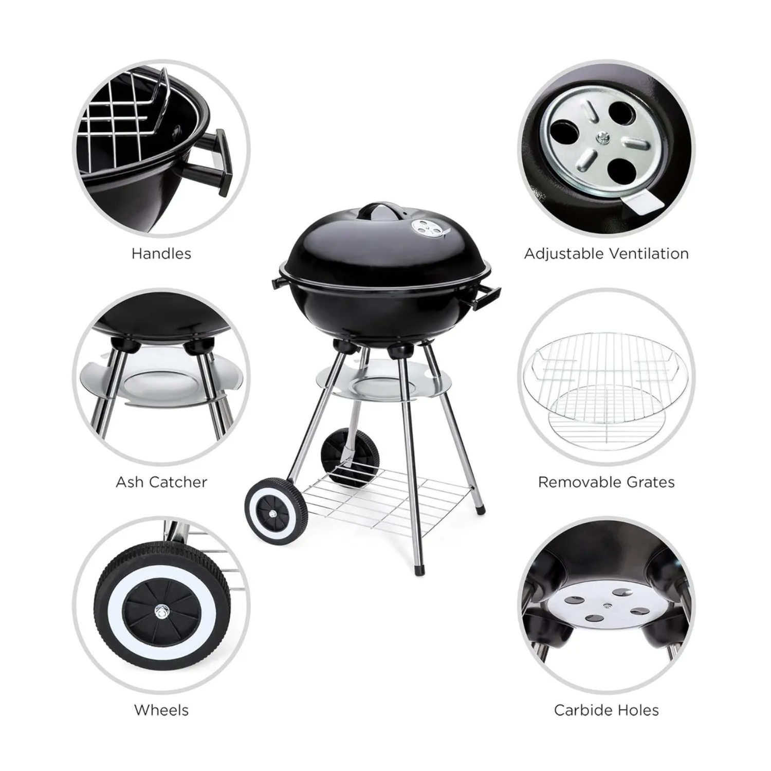 Asador Parrilla Portátil Carbón Acero Inox 18 Pulgadas Color Negro