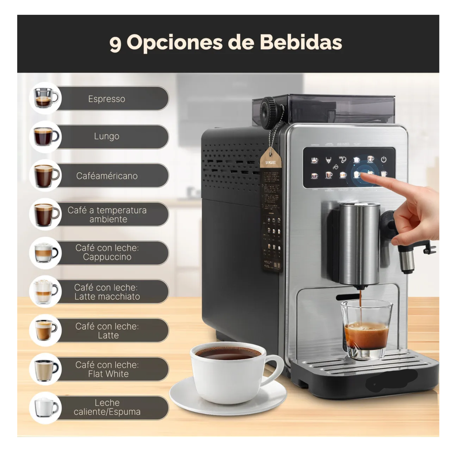 Cafetera Espresso 9 en 1 Superautomática con Molino, Espumador y Pantalla Táctil – Café de Barista en Casa