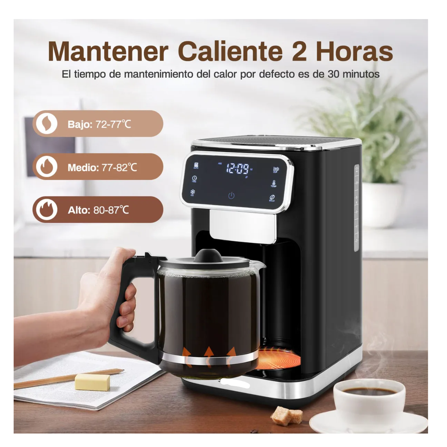 Cafetera de Goteo Inteligente 12 Tazas, Pantalla Táctil, 3 Intensidades, Función Fría y Calor, Programable 24H con Filtro Permanente