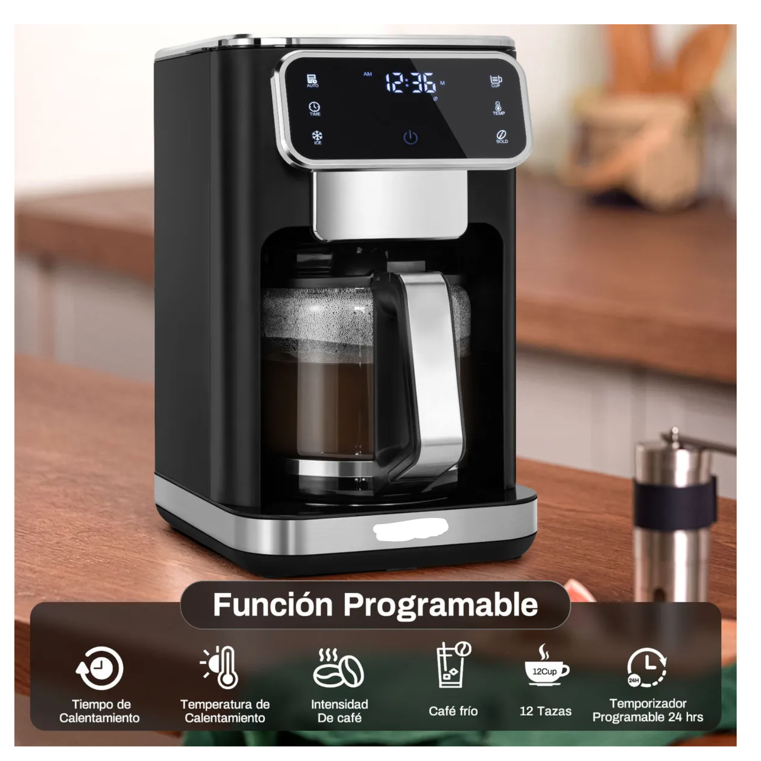Cafetera de Goteo Inteligente 12 Tazas, Pantalla Táctil, 3 Intensidades, Función Fría y Calor, Programable 24H con Filtro Permanente