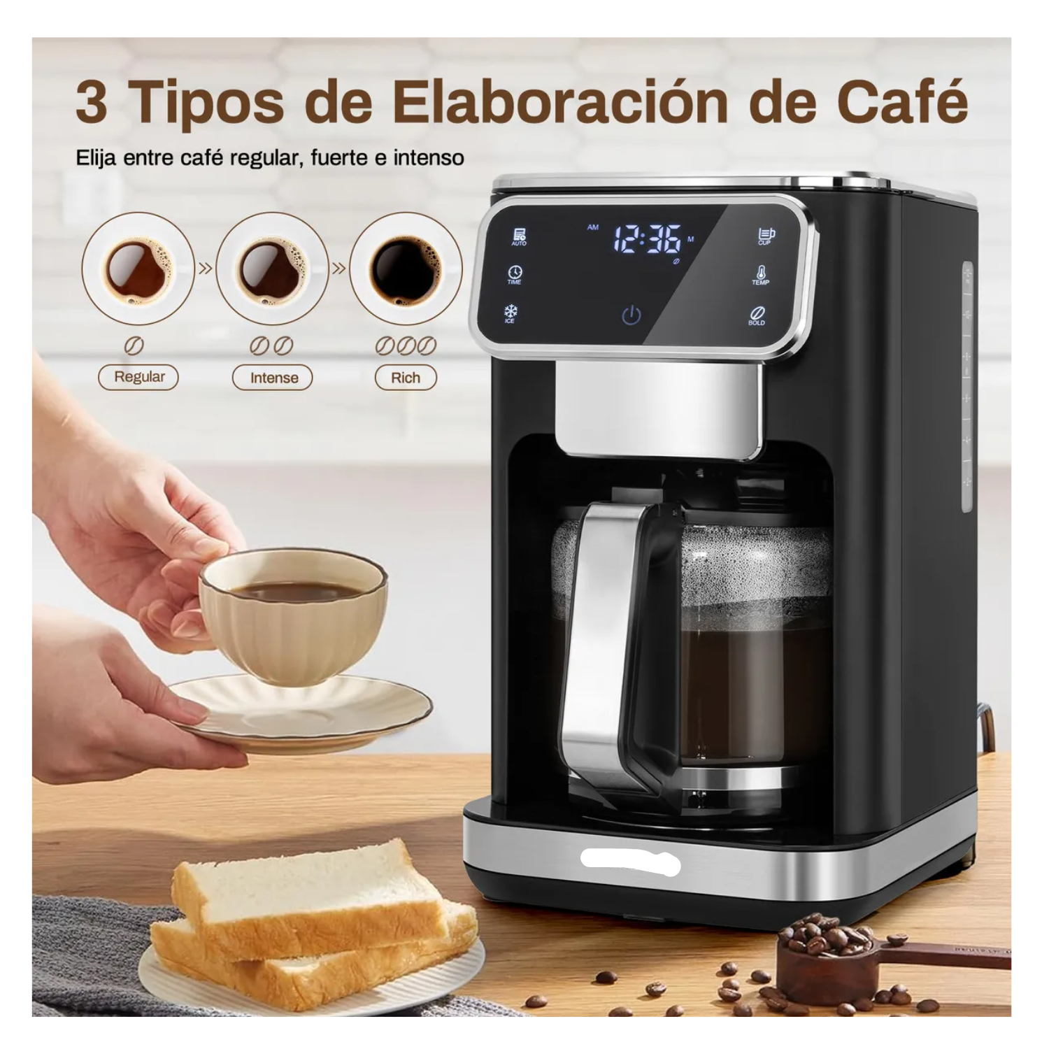 Cafetera de Goteo Inteligente 12 Tazas, Pantalla Táctil, 3 Intensidades, Función Fría y Calor, Programable 24H con Filtro Permanente