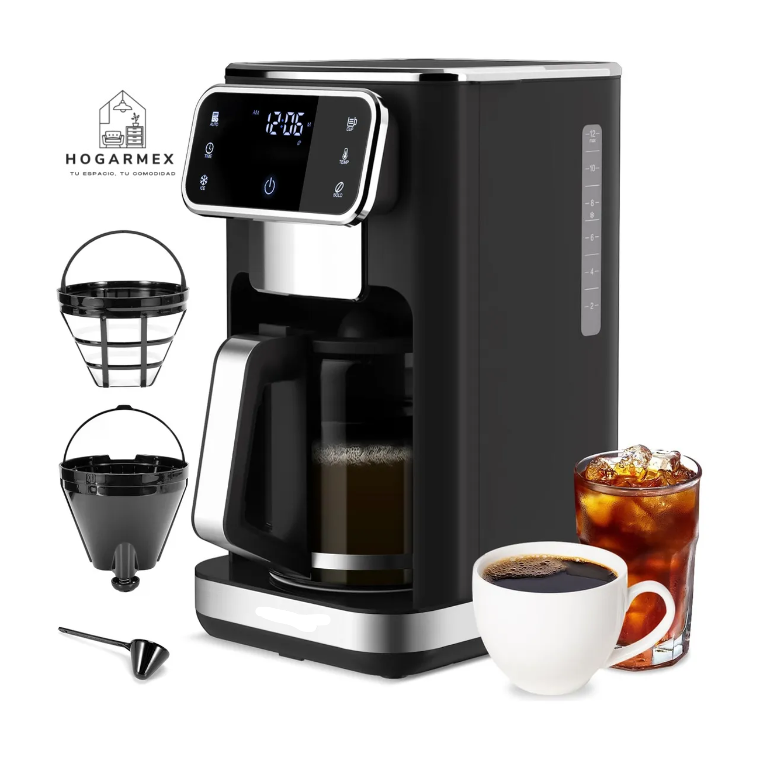 Cafetera de Goteo Inteligente 12 Tazas, Pantalla Táctil, 3 Intensidades, Función Fría y Calor, Programable 24H con Filtro Permanente
