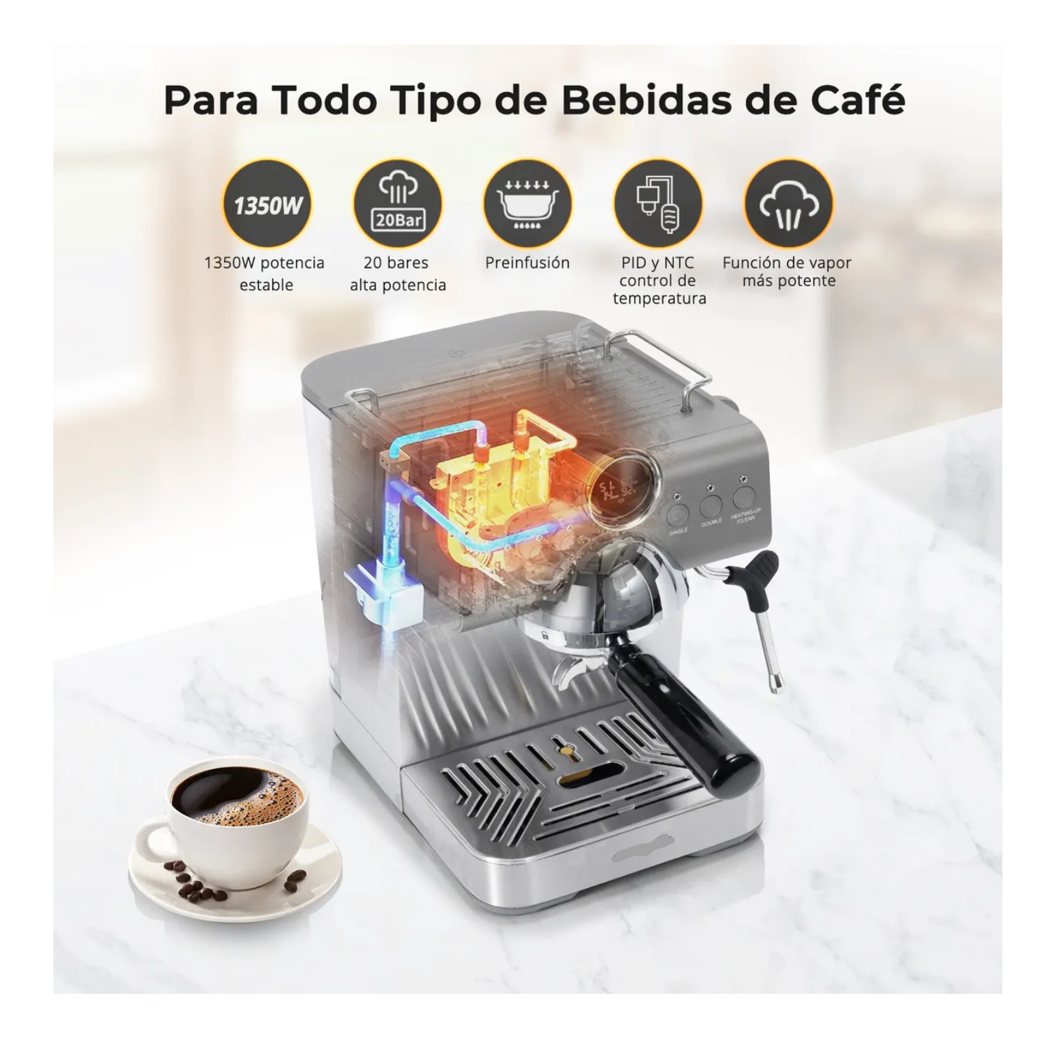  Cafetera Espresso 20 Bares ESI2-Max, Caliente/Frío con Vaporizador, Panel LCD y 1350W – Latte y Cappuccino
