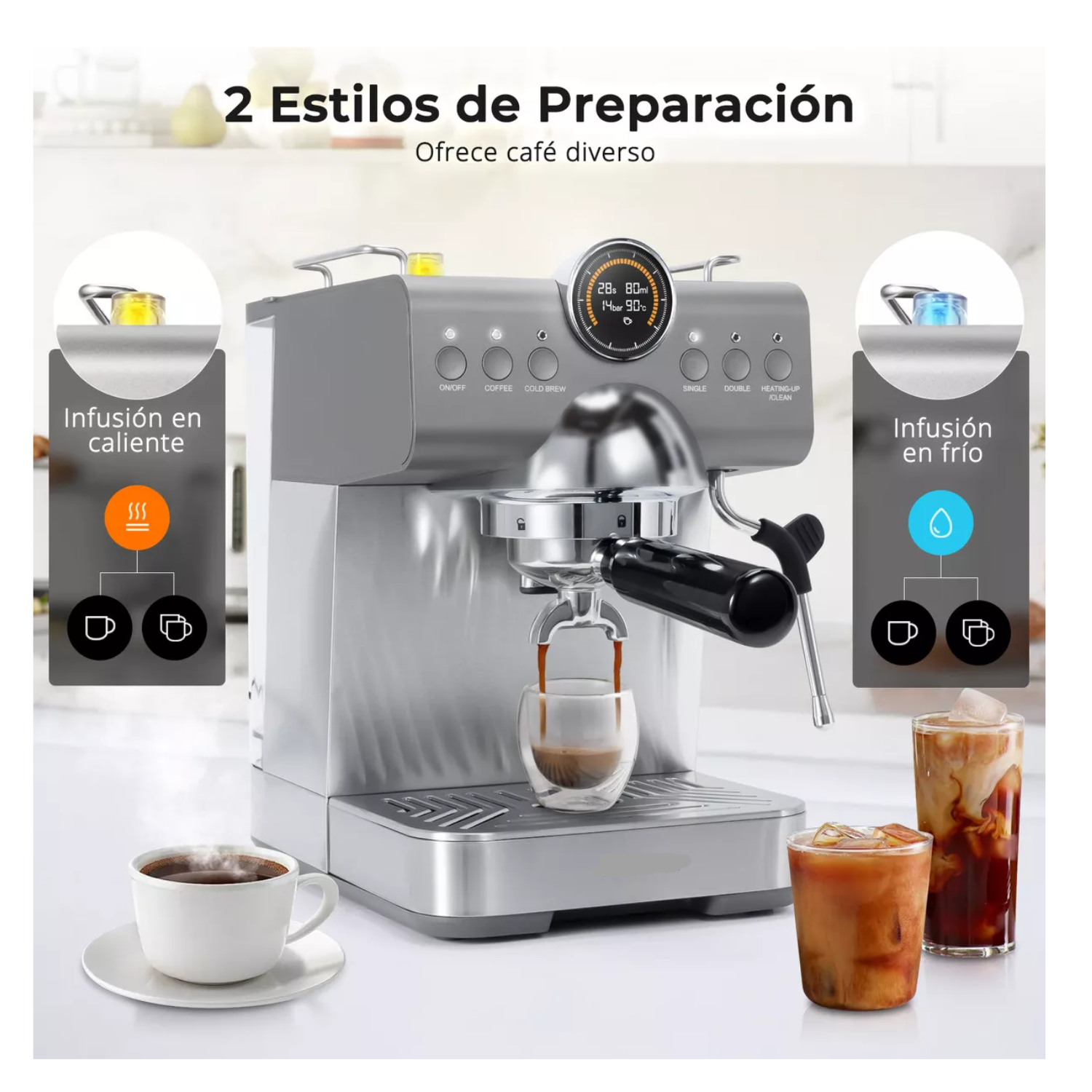  Cafetera Espresso 20 Bares ESI2-Max, Caliente/Frío con Vaporizador, Panel LCD y 1350W – Latte y Cappuccino