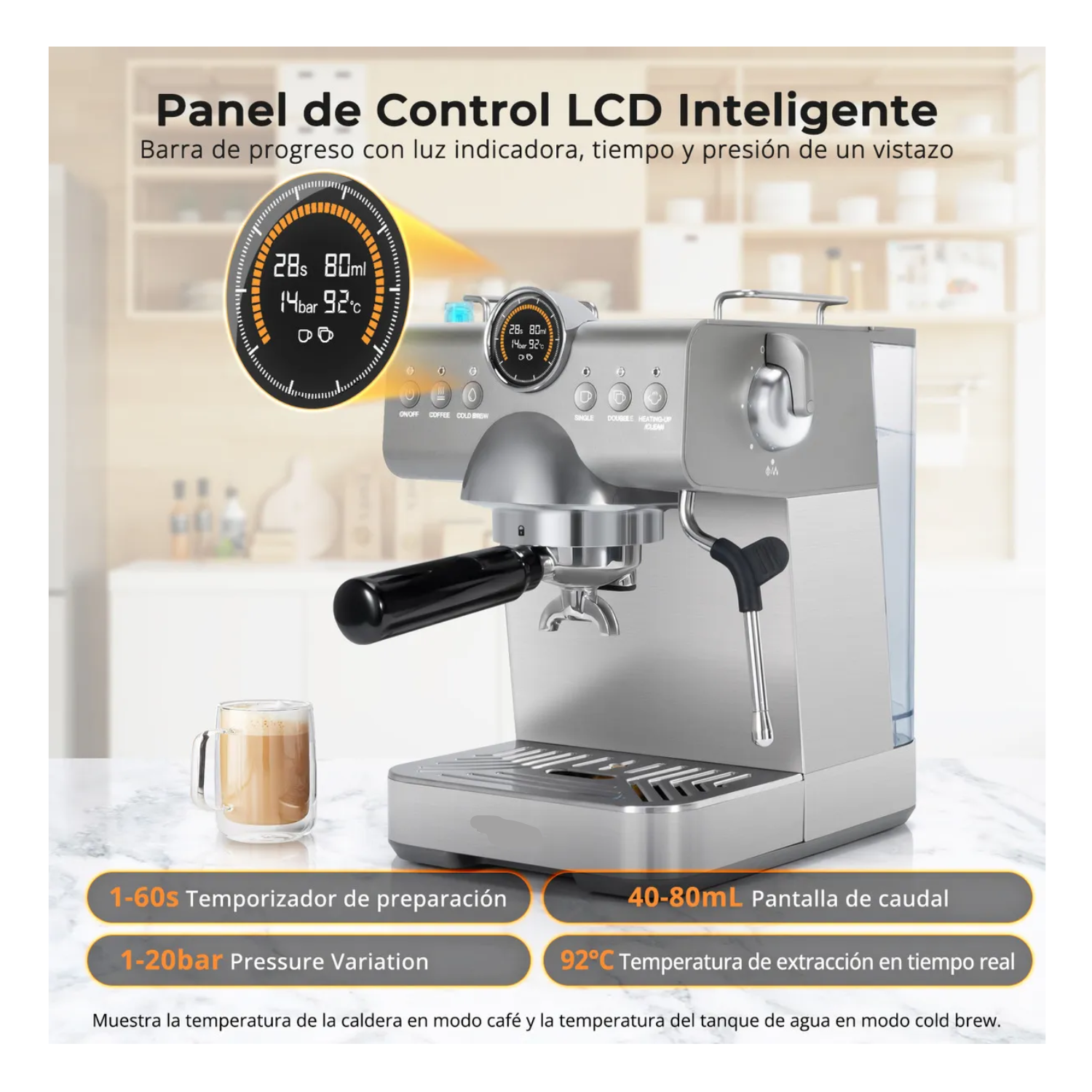  Cafetera Espresso 20 Bares ESI2-Max, Caliente/Frío con Vaporizador, Panel LCD y 1350W – Latte y Cappuccino
