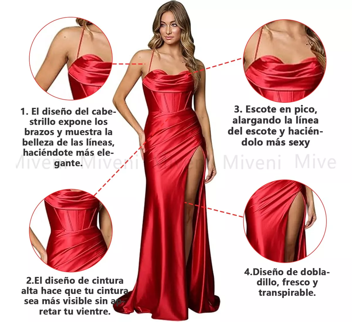 Vestido Sexy De Satén Con Abertura En La Cintura Alta Miveni