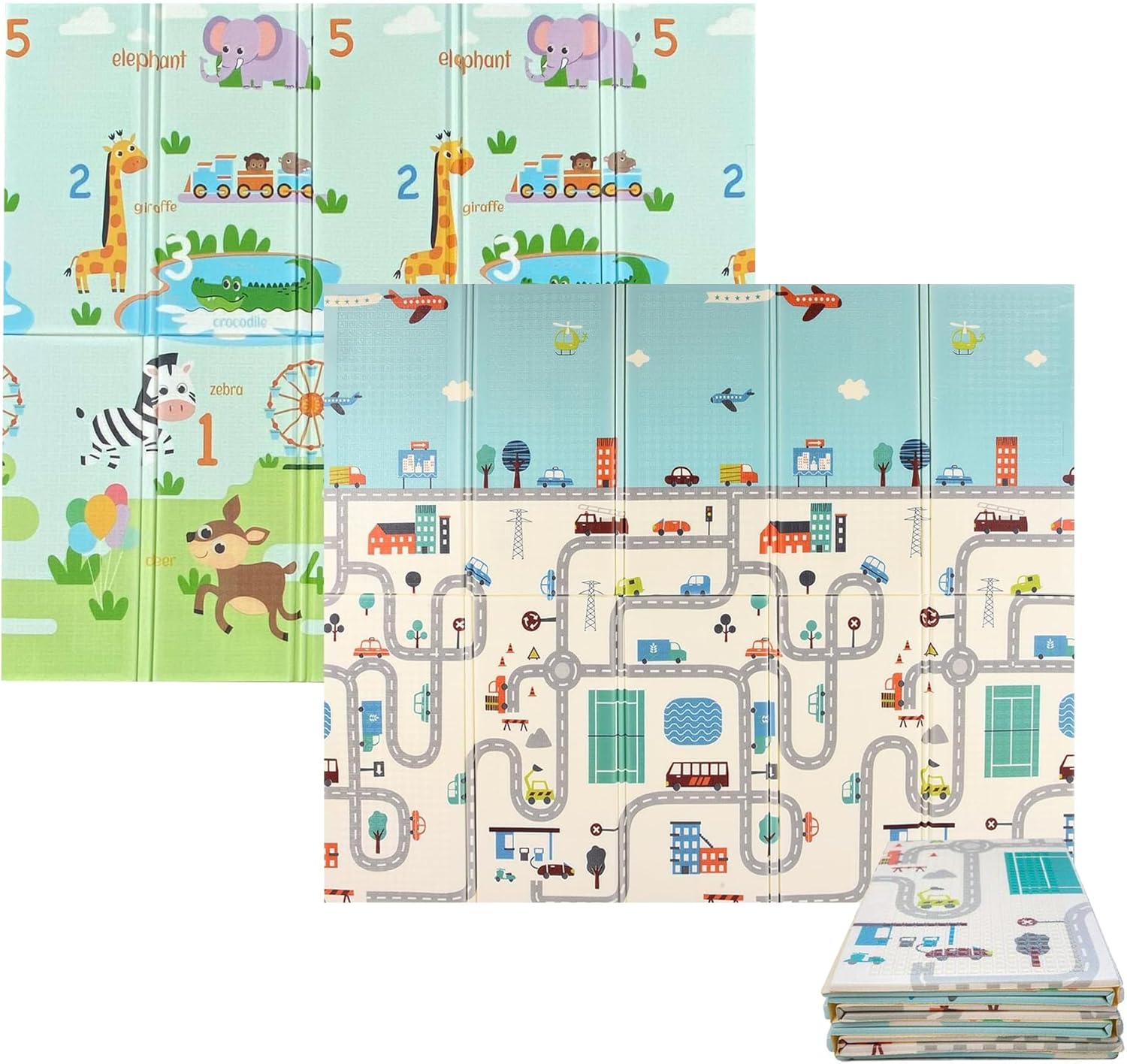 Tapete para Bebé, Diseño Plegable, Doble vista Ciudad y Animales, Bluelander
