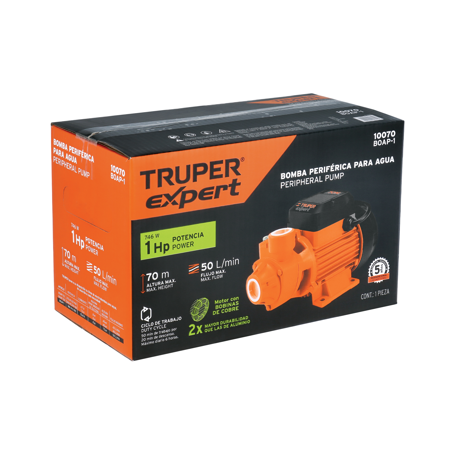 Bomba para Agua Eléctrica Periférica 1 Hp Truper  Naranja max. Altura 70 m uso Agricola Casa BOAP-1 