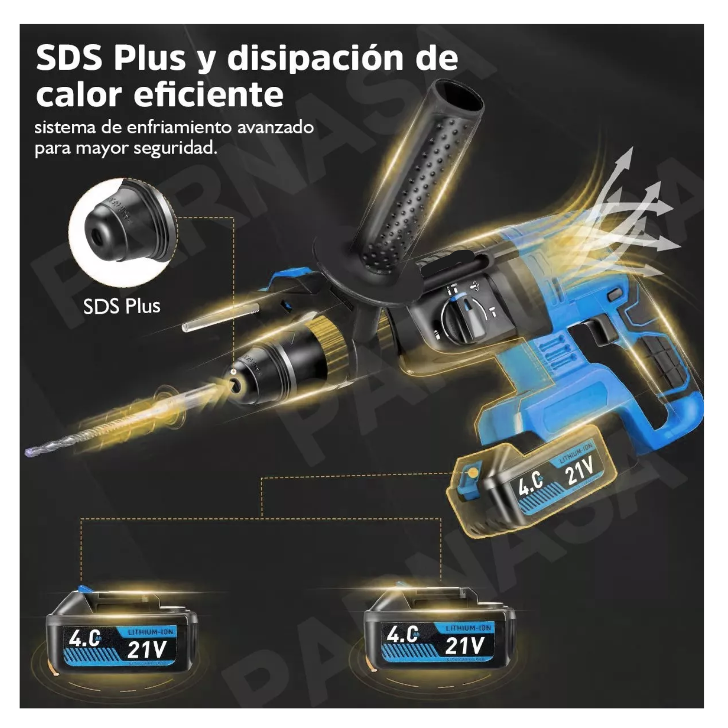 Rotomartillo Inalámbrico Taladro  2200w/2 Batería Color Azul Acero