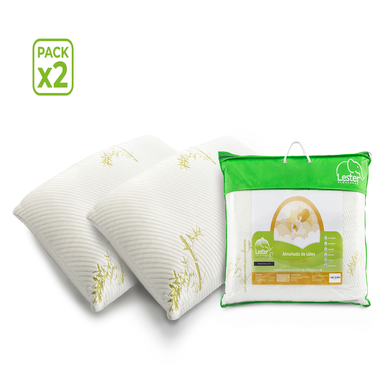 Paquete de 2 Almohadas Tamaño Estándar de Látex Natural con Funda de Bambú Lavable - Lester Organic Látex