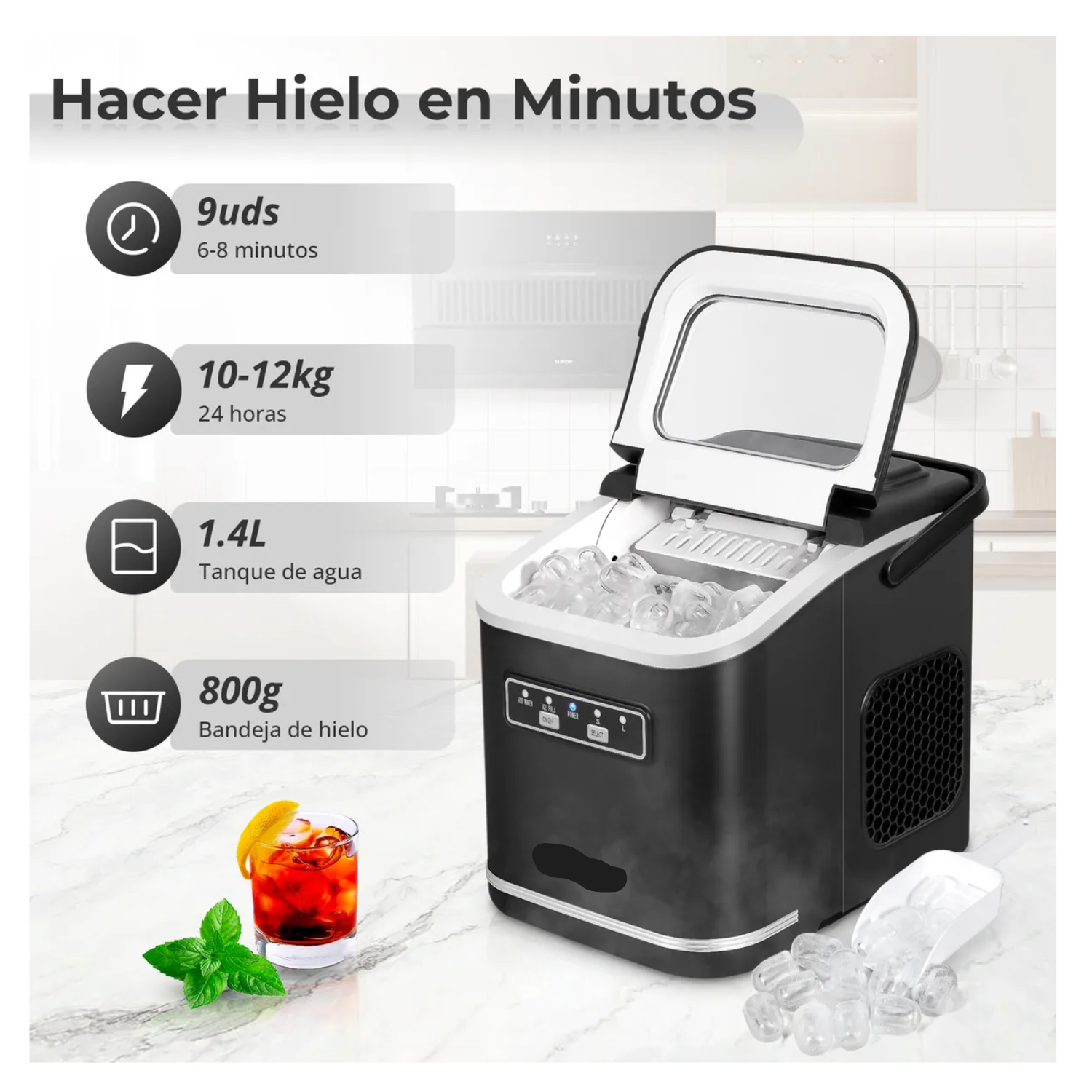 Máquina De Hacer Hielo Portátil 12kg/24h 9 Cubos En 6-8 Minutos Autolimpiante