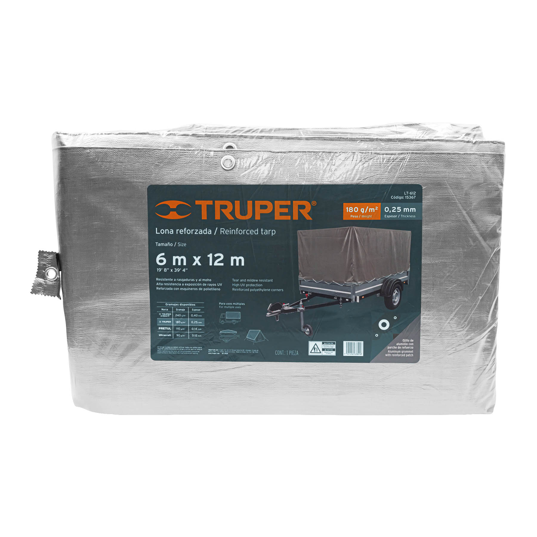 Lona Gris Reforzada de 6x12 metros Truper Lona- Carpa Impermeable Multi usos Lluvia-Calor Protección fiesta Reunión