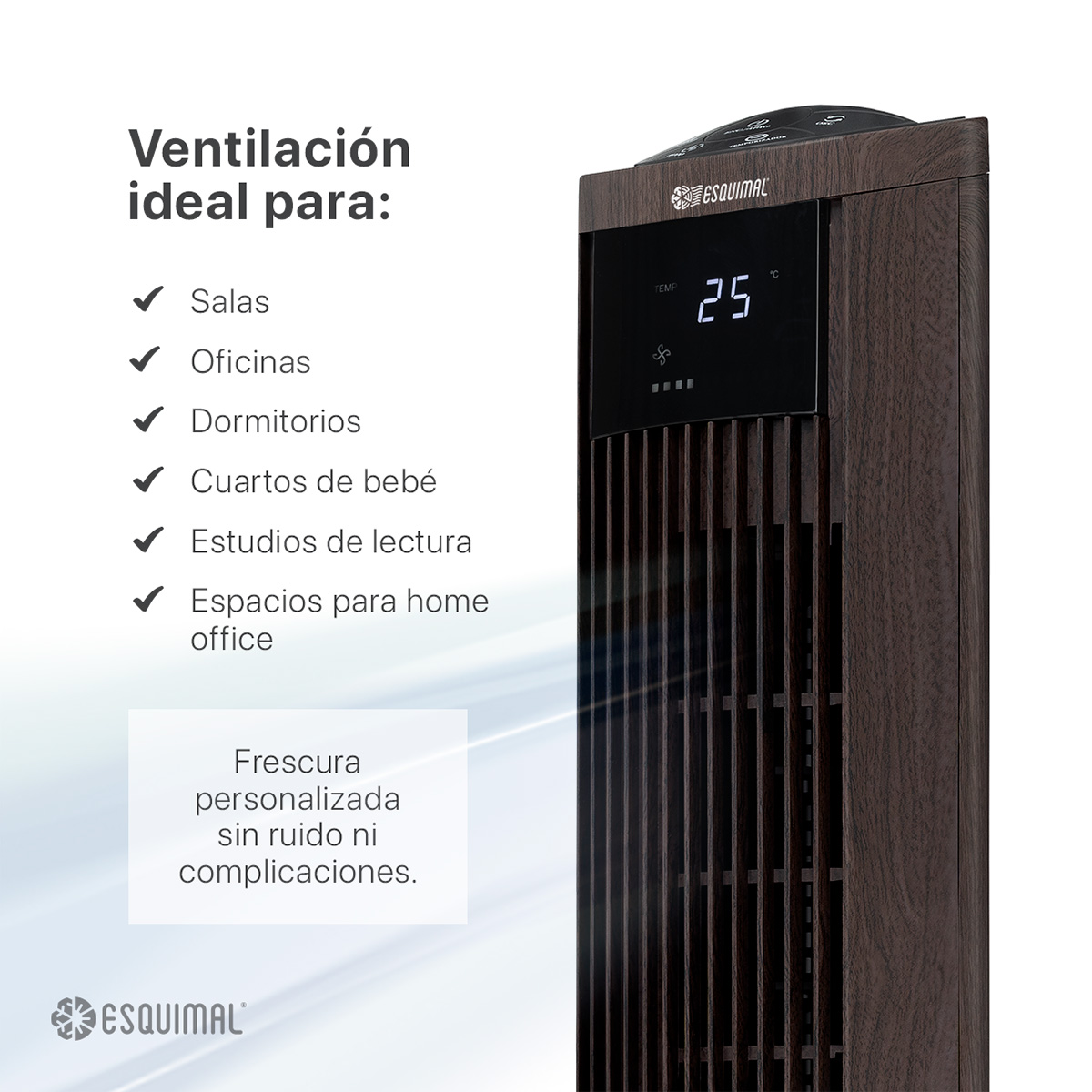 Ventilador de Torre 95 cm Giratorio Silencioso Abanico Portátil Oscilante 70° para Piso con Control Remoto Café ESQUIMAL
