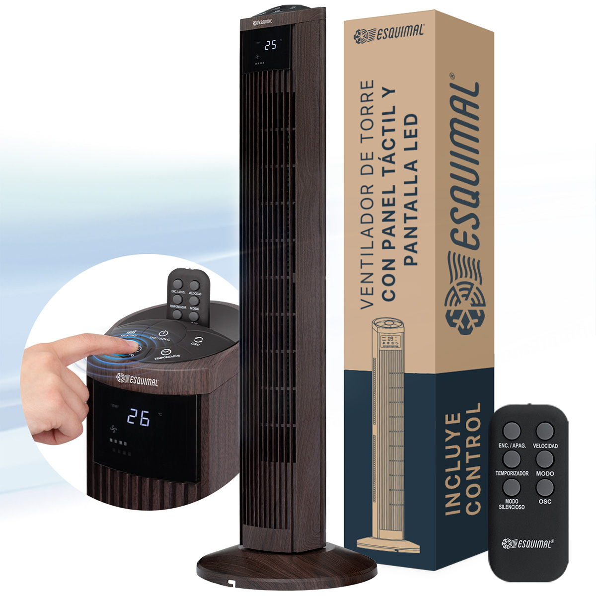 Ventilador de Torre 95 cm Giratorio Silencioso Abanico Portátil Oscilante 70° para Piso con Control Remoto Café ESQUIMAL