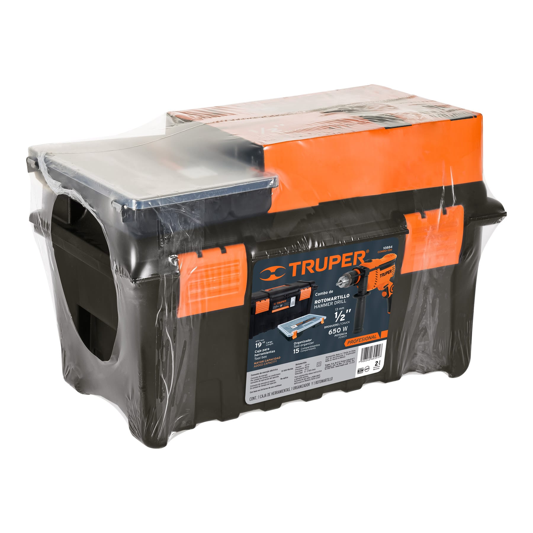  Rotomartillo 1/2 650 W  Caja Herramienta Grande + Organizador de piezas Truper  ROTO-1/2A7, CHA-19N y ORG-15 paquete .