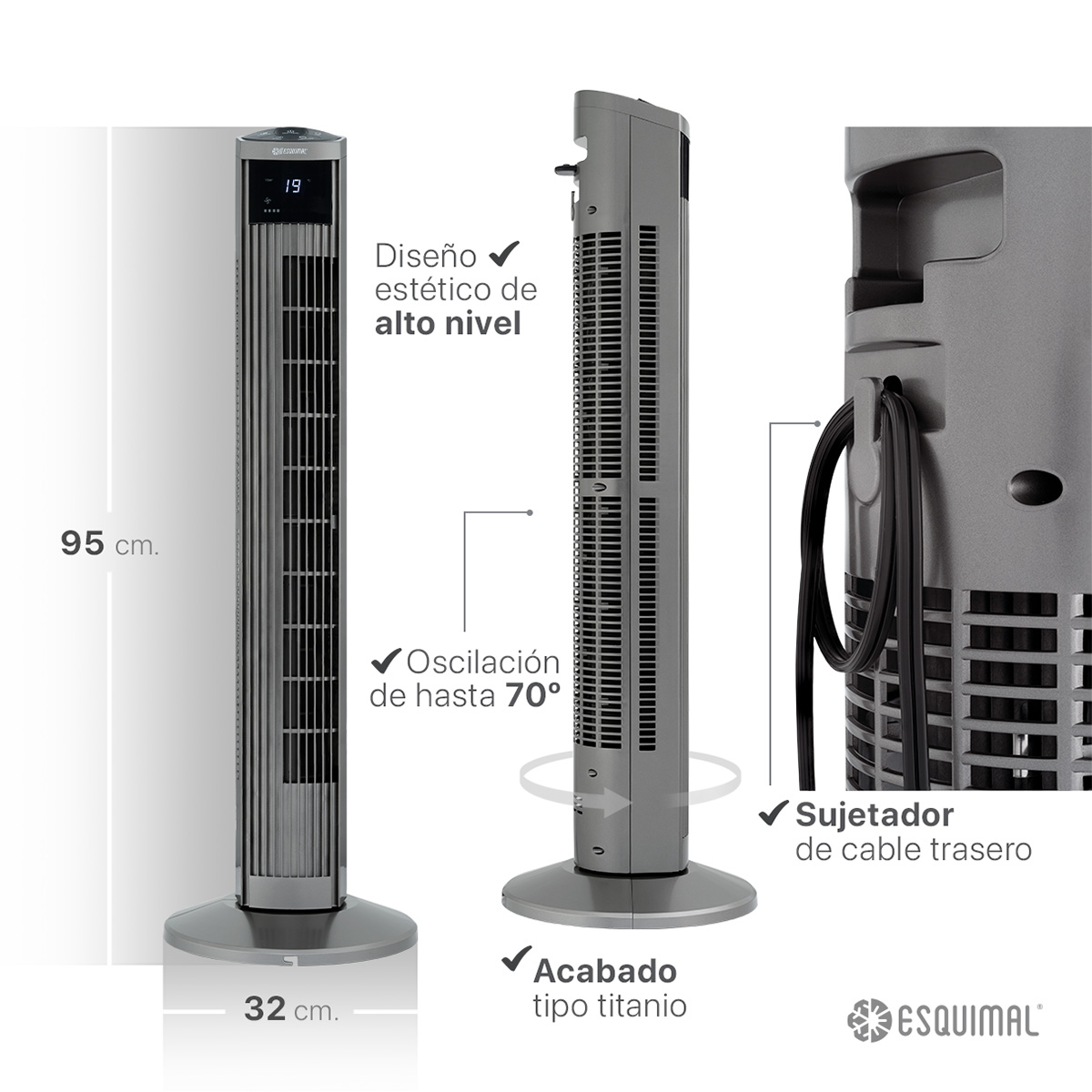 Ventilador de Torre 95 cm Silencioso Abanico Portátil Giratorio para Piso con Temporizador y Control Titanio ESQUIMAL