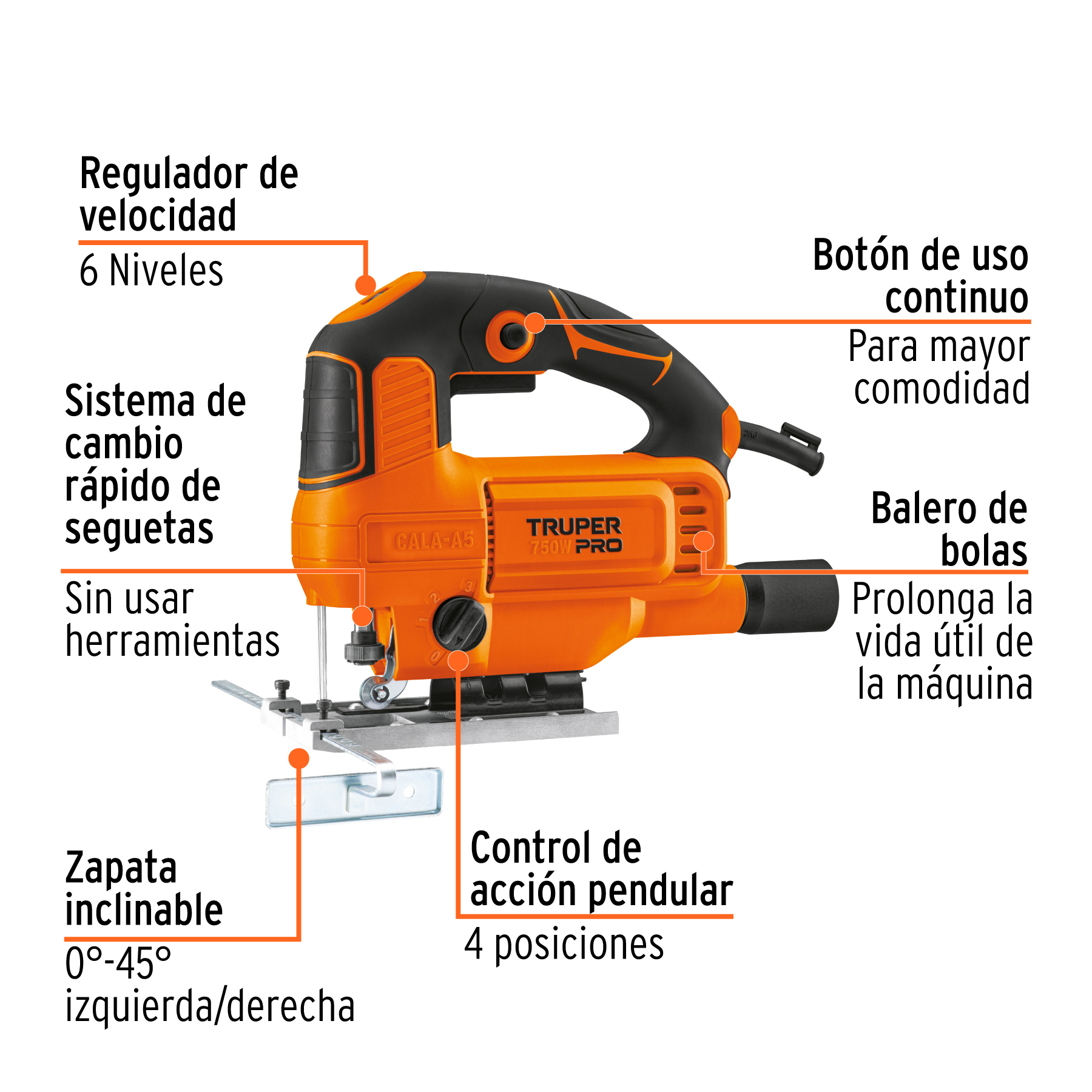Sierra caladora, profesional, 750 W,Regulador de velocidad  incluye accesorios CALA-A5 TRUPER 