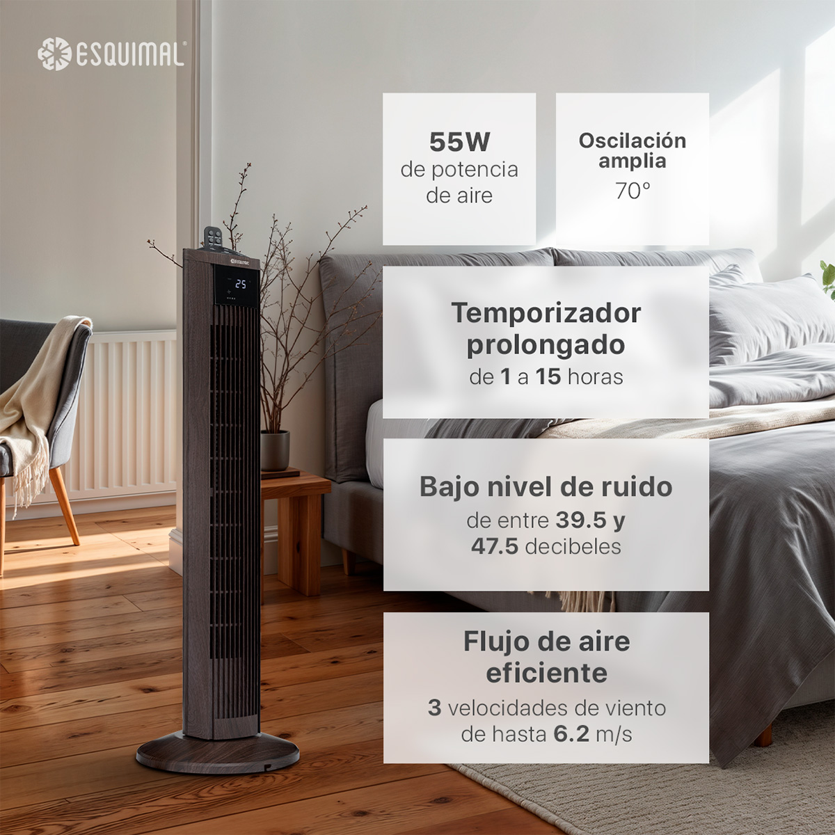 Ventilador de Torre 95 cm Giratorio Silencioso Abanico Portátil Oscilante 70° para Piso con Control Remoto Café ESQUIMAL