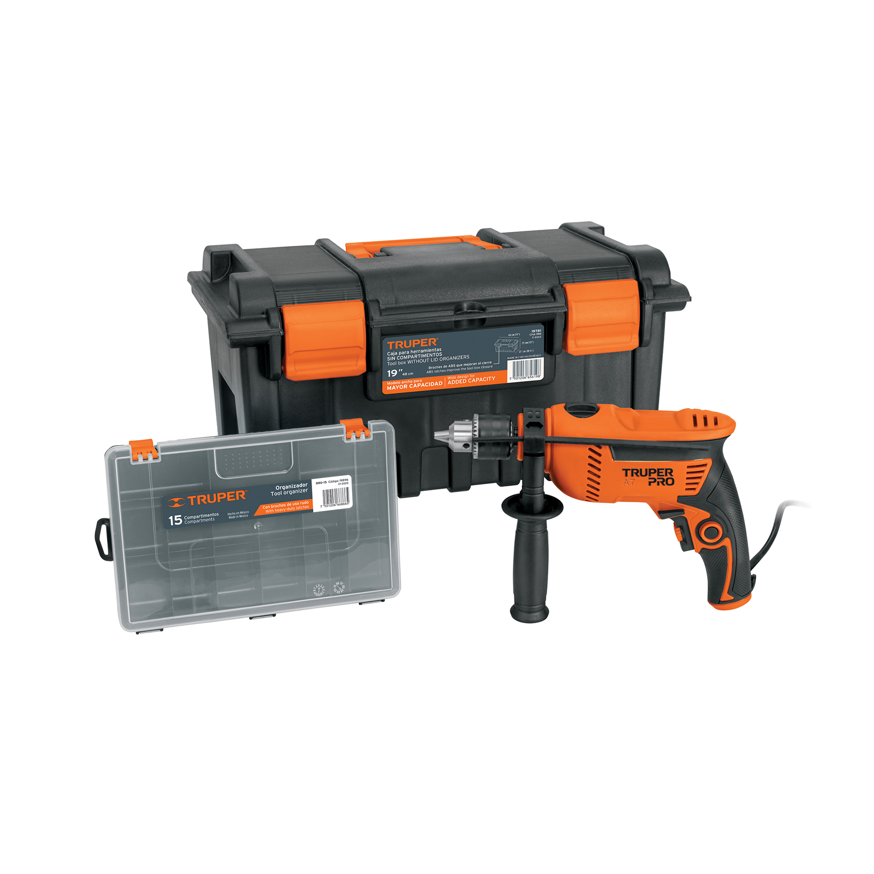  Rotomartillo 1/2 650 W  Caja Herramienta Grande + Organizador de piezas Truper  ROTO-1/2A7, CHA-19N y ORG-15 paquete .
