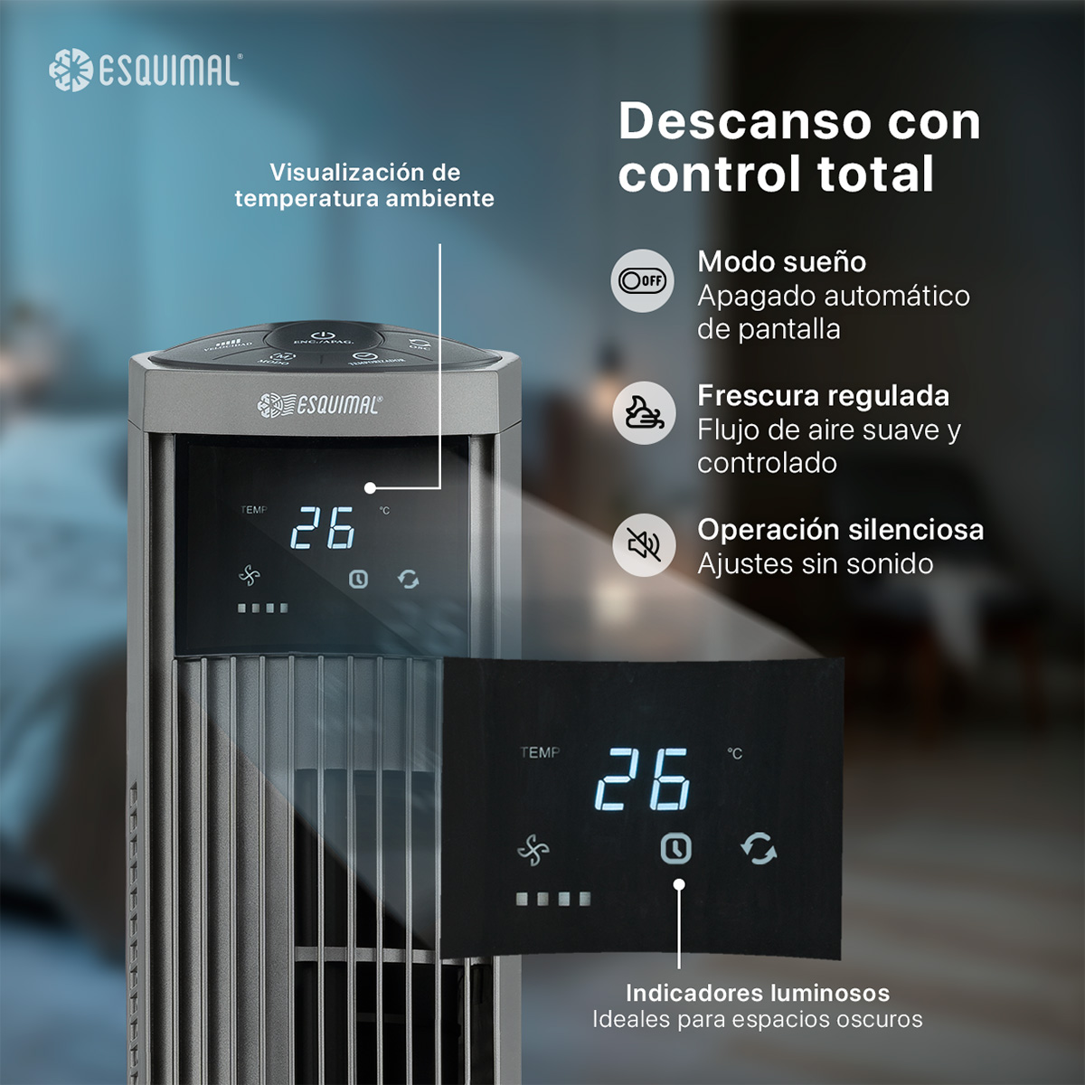 Ventilador de Torre 95 cm Silencioso Abanico Portátil Giratorio para Piso con Temporizador y Control Titanio ESQUIMAL