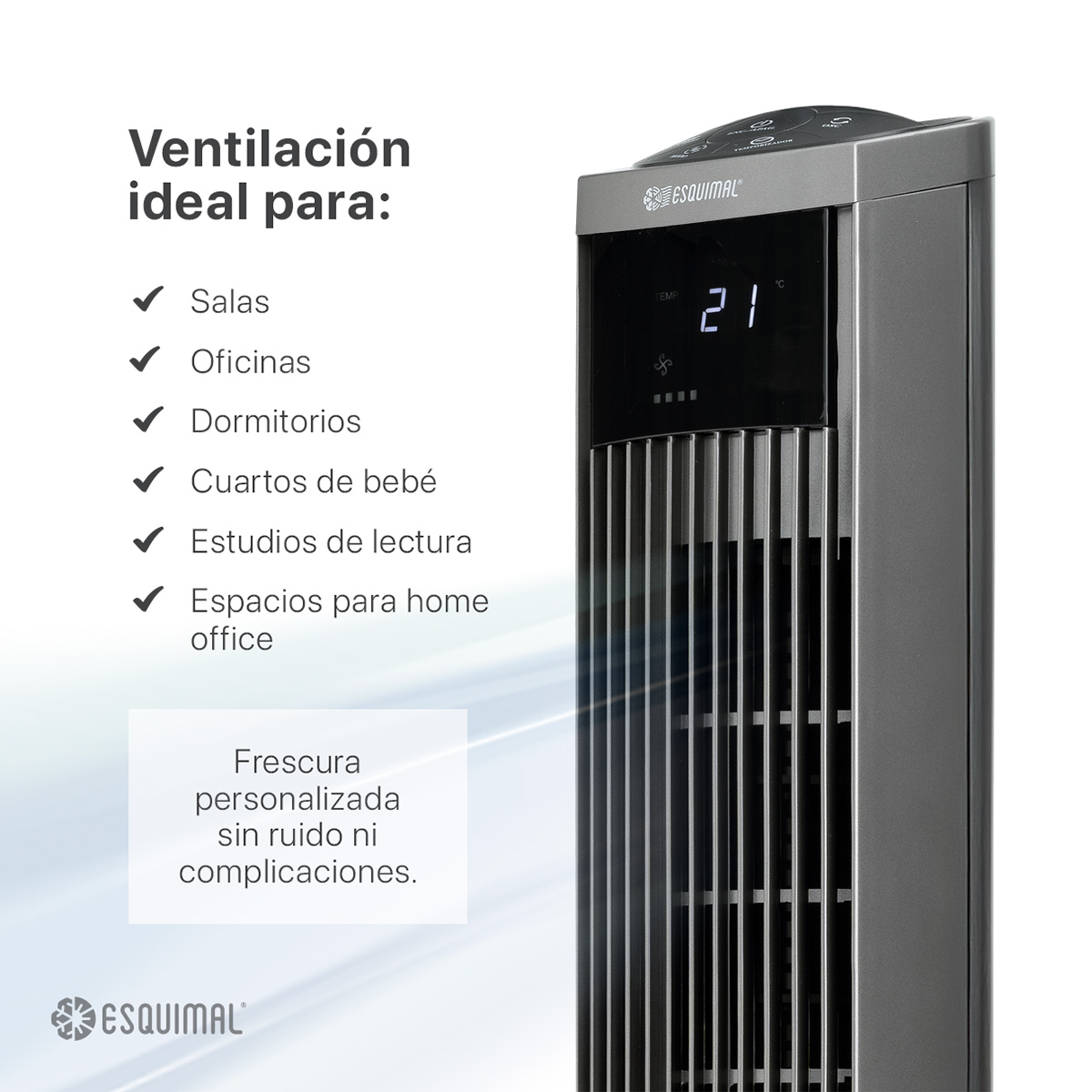 Ventilador de Torre 95 cm Silencioso Abanico Portátil Giratorio para Piso con Temporizador y Control Titanio ESQUIMAL