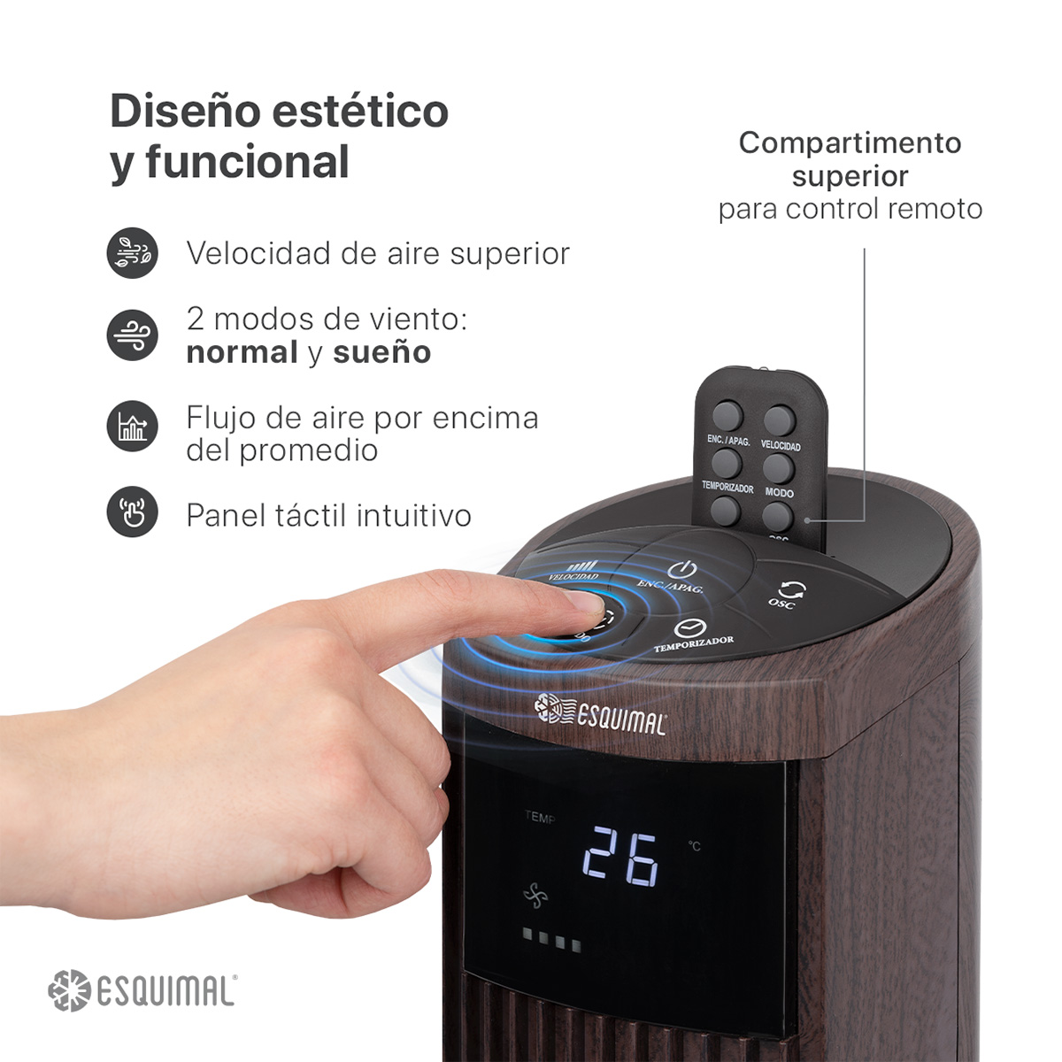 Ventilador de Torre 95 cm Giratorio Silencioso Abanico Portátil Oscilante 70° para Piso con Control Remoto Café ESQUIMAL