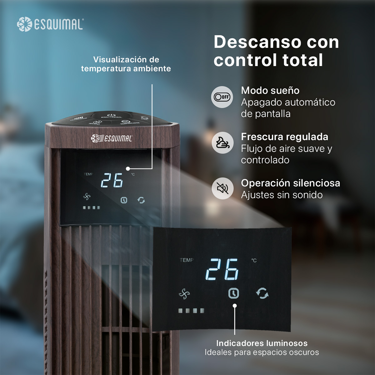 Ventilador de Torre 95 cm Giratorio Silencioso Abanico Portátil Oscilante 70° para Piso con Control Remoto Café ESQUIMAL