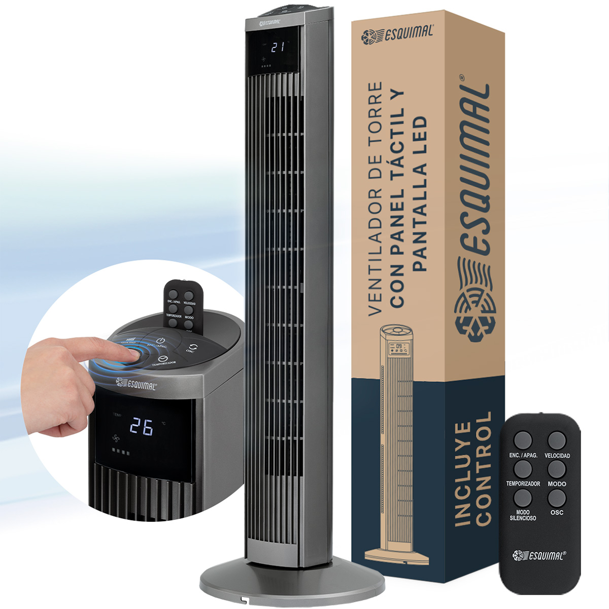 Ventilador de Torre 95 cm Silencioso Abanico Portátil Giratorio para Piso con Temporizador y Control Titanio ESQUIMAL